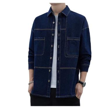 Imagem de Camisa jeans masculina, manga comprida, ombro caído, cor lisa, caimento solto, bolsos frontais, Azul-escuro, 4G