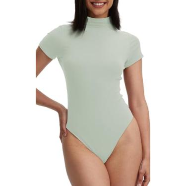 Imagem de Camiseta feminina de manga comprida/sem mangas gola rolê elástica com camada inferior, Body de manga curta verde sálvia, P