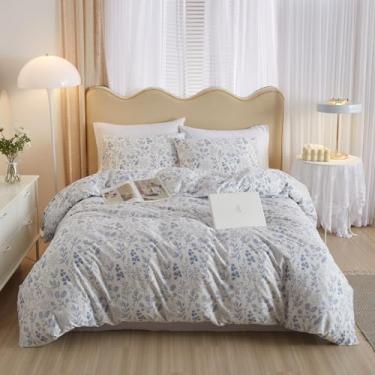 Imagem de Jogo de cama com 3 peças de capa de edredom floral, tamanho king, branco, estampa floral, azul, estilo boêmio, flores azuis, botânico, conjunto de cama king
