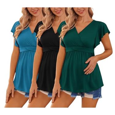 Imagem de Ekouaer Camisetas femininas de maternidade pacote com 3 camisetas voadoras de manga curta para amamentação, gola V, roupas de gravidez, Lago verde + preto + azul lago (3 peças), M