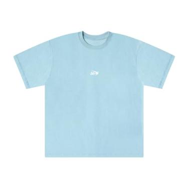 Imagem de Camisetas masculinas de manga curta com desenho animado casual de verão, Azul-bebê, XXG