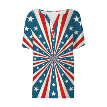 Imagem de Camiseta feminina com bandeira americana 4th of July Henley Neck Patriotic Shirts Tops Stars Stripes Camisetas de manga curta, Azul-celeste, G