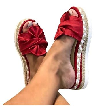 Imagem de Aniywn Chinelo feminino aberto plataforma plataforma chinelos verão lindo laço sem cadarço chinelos de praia elegantes, D-vermelho, 8