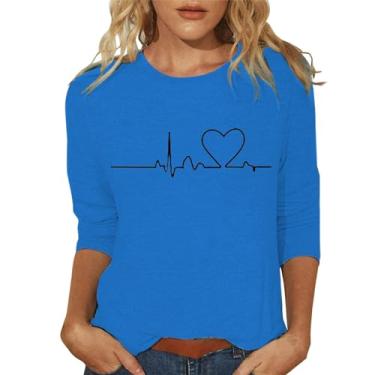 Imagem de Blusa feminina de verão, manga 3/4, estampa de coração, casual, solta, gola redonda, túnica estampada, Azul, M