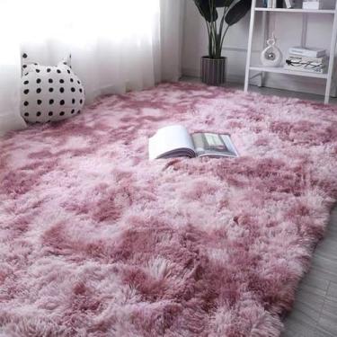 Imagem de Tapete grande peludo para sala de estar Tapete de cabeceira branco artificial para quarto Macio e fofo Tapete de decoração de tatami lavável, rosa gradiente, 120 x 160 cm (47 x 63 pol.)