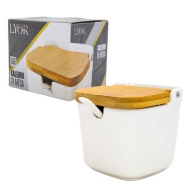 Imagem de Porta Saleiro Em Porcelana E Tampa De Madeira Com Colher 300g - LYOR, 