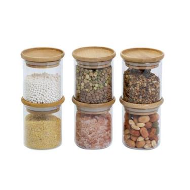 Imagem de Kit 6 Potes de Vidro Empilhável Hermético Tampa Bambu 200ml Oikos, U, 