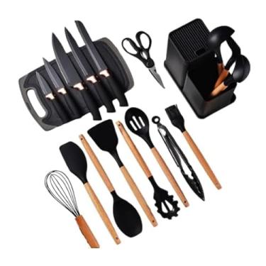Imagem de Kit com 19 utensílios de silicone e facas na cor preta, incluindo uma tábua de cortar. Ideal para quem busca praticidade e estilo na cozinha. Perfeito para preparar suas receitas favoritas!