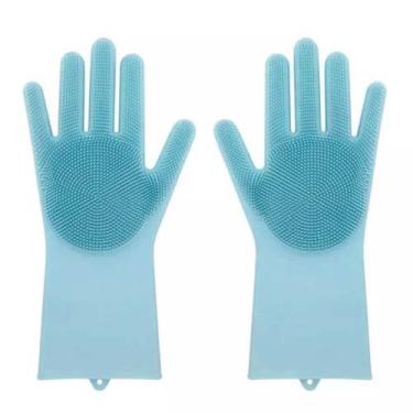 Imagem de Luva Lava Loucas Azul Escova Silicone Caes Banho Limpeza - Abmidia