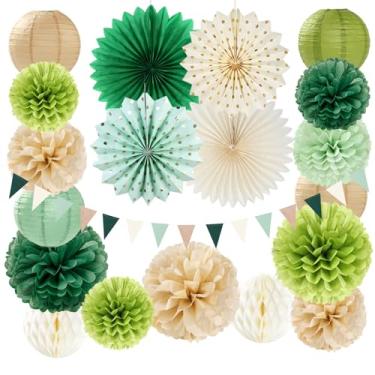 Imagem de Lanternas de flores de papel para decoração de festa boho verde sálvia - 20 peças pompons de tecido rústico flâmulas fãs favo de mel, aniversário chá de bebê neutro jardim neutro decoração de