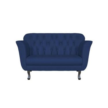 Imagem de Namoradeira Decorativa Dália Suede Azul Marinho 2 Lugares Pés Madeira 