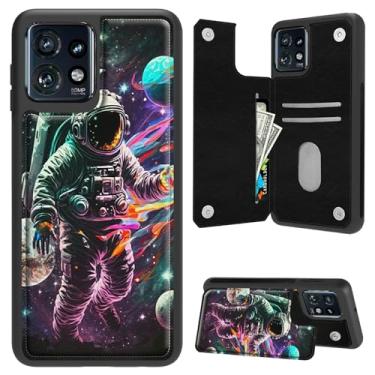 Imagem de BFSEROBJ Capa carteira para Motorola Edge Plus 2023 com suporte de cartão de couro PU com fivelas magnéticas à prova de choque TPU para Moto Edge Plus 2023/Edge 40 Pro - Astronautas