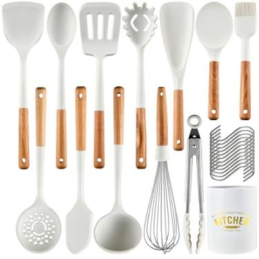 Imagem de Keidason Conjunto de utensílios de cozinha de silicone, 230 °C, resistente ao calor, cabo de madeira de 13 peças para conjunto antiaderente (sem BPA), espátula, colher, escova, batedor - branco