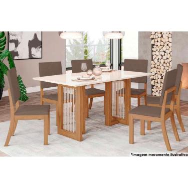 Imagem de Sala de Jantar Completa Yara c/ Tampo Madeirado c/ Vidro Reto 160x90cm e 6 Cadeiras Milla Nature/Suede Light Marrom Amendoa - Henn