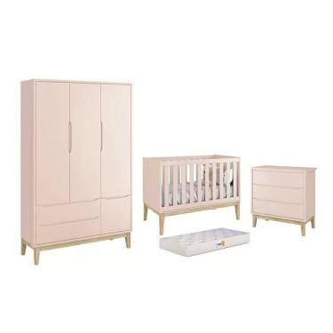 Imagem de Dormitório Classic 3 Portas, Cômoda 3 Gavetas Rosa Com Pés Madeira Natural E Colchão D18 - Reller Móveis Rosa