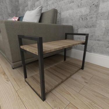 Imagem de Mesa lateral sofá industrial aço cor preto mdf 30 cm cor amadeirado es