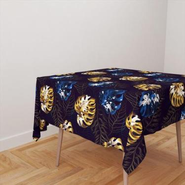 Imagem de Toalha De Mesa Quadrada 4 Lugares Tecido Oxford Folhas Brilhantes Azul