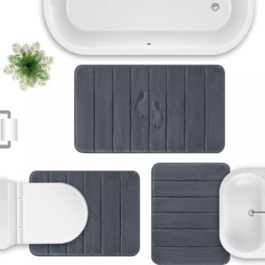 Imagem de Kit 3 Tapetes de Banheiro Antiderrapante Emborrachado Macio Super Soft Cinza Escuro 60x40cm