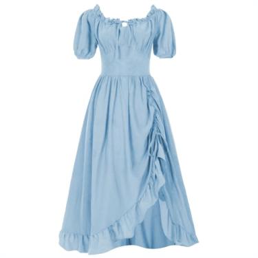 Imagem de Kahbin Vestido feminino renascentista, fantasia medieval, vestido corpete assimétrico com babados, Azul claro, X-Large