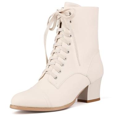 Imagem de Pixoecuty Botas pretas curtas de cano curto com cadarço, botas vitorianas, botas femininas com zíper lateral, salto médio grosso, Bege branco, 38
