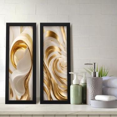 Imagem de Kit 2 Quadros Decorativos Lavabo Abstrato Branco Dourado Moderno Elega