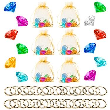 Imagem de PANTIDE 78Pcs Acrylic Diamond Gems Jewels Alloy Gold Round Ring Set the Blue Hedgehog Chaos Emeralds Power Rings Party Favor Supplies Cake Decoration Pirate Treasure Chest Hunt with Bag
