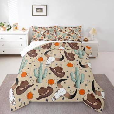 Imagem de Feelyou Conjunto de edredom para crianças, meninos e meninas, estilo caubói do oeste selvagem, conjunto de cama casal com chapéu de caubói para decoração de quarto, conjunto de edredom com caveira de