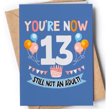 Imagem de Cartão engraçado de aniversário de 13 anos para menino ou menina com envelope | Cartão exclusivo e original para filho, filha, neto ou neta | Você tem 13 anos agora