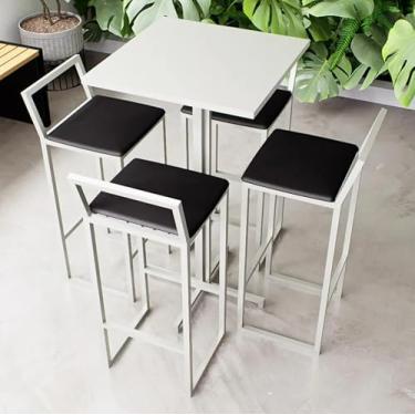 Imagem de Conjunto Mesa Alta Bar Bistrô Quadrada Branca 4 Banquetas Confort Estofado Industrial White (Preto)