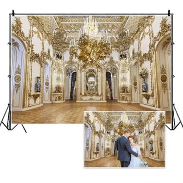 Imagem de TTQYFNM 3 x 2,4 m Luxuoso Palácio Palácio Dourado Salão de Baile Lustre Arco Porta Nobre Hotel Fotografia Fundo para Aniversário Festa de Casamento Decoração de Crianças Adultos Retrato Foto Adereços
