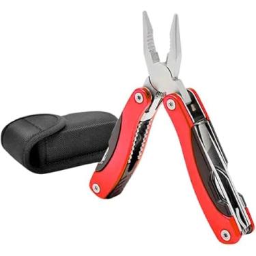 Imagem de Alicate Multifuncional 9 em 1, Aço Inox, com Bainha, Vermelho, para Camping e Pesca