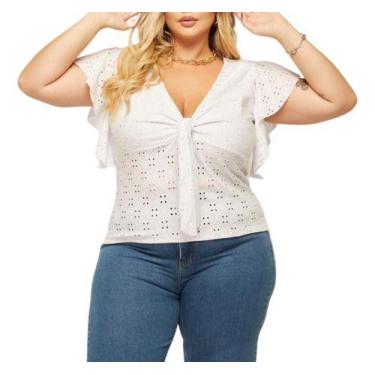 Imagem de Blusa Plus Size Feminina Gola V Amarração Manga Laise Renda de Malha -