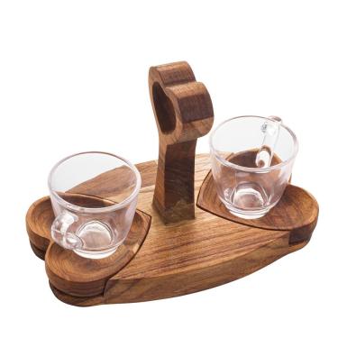 Imagem de Conjunto com 2 xícaras de café de cristal, pires e suporte madeira teca Coração 75ml