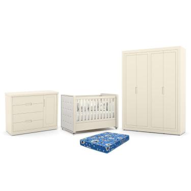 Imagem de Dormitório Tutto New 4 Portas, Cômoda 1 Porta e Berço com Capitonê e Colchão Physical - Matic Móveis Off White