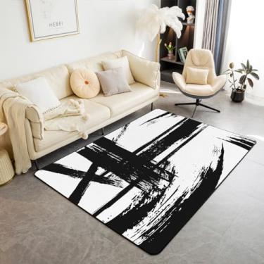 Imagem de jejeloiu Tapete de área preto e branco 12 x 18 cm, geométrico, tingido, para sala de estar, moderno e listrado, tapete decorativo Abstarct para decoração de casa