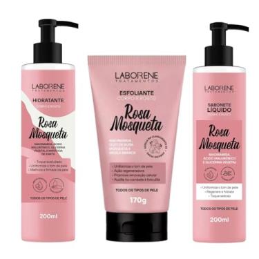 Imagem de Kit Rosa Mosqueta – Laborene Tratamentos | Esfoliante 170g + Sabonete Líquido 200ml + Hidratante 200ml | Com Óleo de Rosa Mosqueta, Niacinamida e Ácido Hialurônico | Hidratação, Clareamento e Renovação da Pele | Para Rosto e Corpo