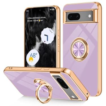 Imagem de Dinick Capa projetada para Google Pixel 7 com suporte de anel TPU macio banhado a ouro antiarranhões capa fina para mulheres e homens suporte magnético para Google Pixel 7 capa roxa
