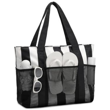 Imagem de VASCHY Bolsa de praia feminina, dobrável, impermeável, à prova de areia, bolsa de praia com zíper/bolsos de malha para férias, cruzeiro, academia, viagem, Preto, branco, Large, Bolsa de praia feminina