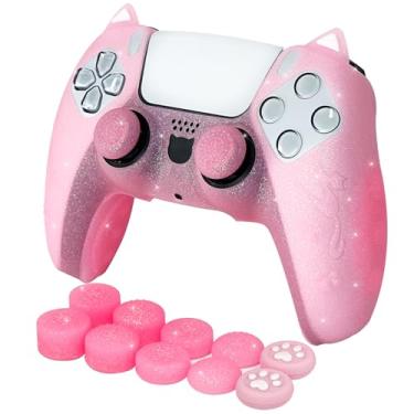 Imagem de HLRAO Capa Protetora Antiderrapante De Silicone Com Glitter Rosa Para Controle Ps5/Slim/Pro, 8 Capas Brilhantes Polegar E 2 Pata. (Rosa Gato)