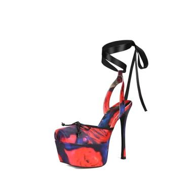 Imagem de Saint Leia Sandália feminina de salto alto plataforma quadrada fechada salto laço cadarço verão sandálias elegantes, Vermelho, 36