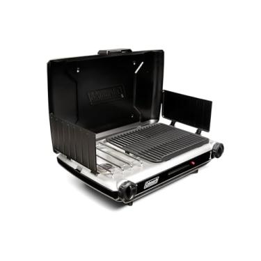 Imagem de Coleman Churrasqueira e fogão 2 em 1 de mesa com 2 queimadores ajustáveis, churrasqueira/fogão a propano com botão de arranque, protetores de vento, bandeja de graxa e 20.000 BTUs de energia para