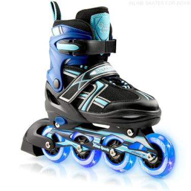 Imagem de Patins em linha ajustáveis infantis XinoSports para meninas e meninos com rodas que acendem (idades 5 – 20) – Patins de rolo com rodas iluminadoras, black/aqua, Youth Big Kid Large - 5-8