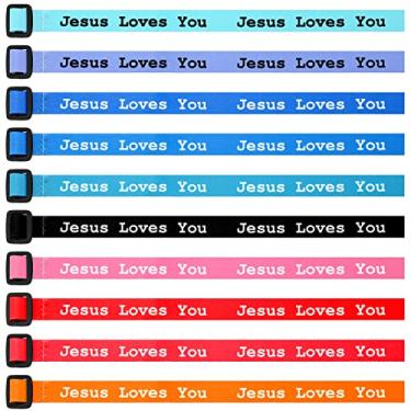 Imagem de 50 pçs pulseira Jesus tecido tecido tecido Jesus Loves You God pulseira pulseiras cristãs ajustável para meninos meninas novidade joias religiosas lembrancinhas, 10 estilos, as picture shows, Plástico, Sem pedras preciosas