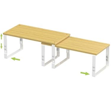 Imagem de Prateleiras de armazenamento ajustáveis para organização de armários de cozinha – Conjunto de 2 prateleiras empilháveis de metal e madeira projetada, design que economiza espaço para bancada/despensa