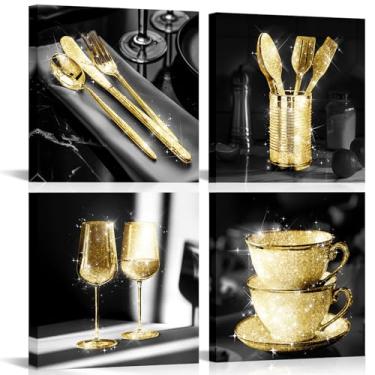 Imagem de Visual Art Decor Arte de parede de cozinha, decoração de cozinha, imagem de sala de jantar, arte em tela emoldurada 30 x 30 cm x 4 peças (amarelo)