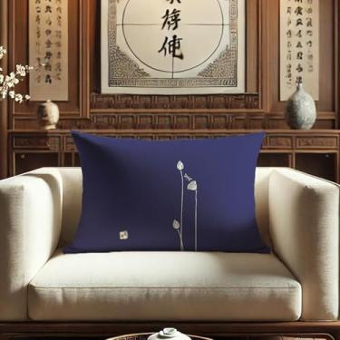 Imagem de [Dupla face HD Lotus] Capa de almofada impressa digital minimalista chinesa, respirável e resistente, capa de almofada decorativa de sofá e quarto com zíper invisível (40,6 x 61 cm, JZHH-N)