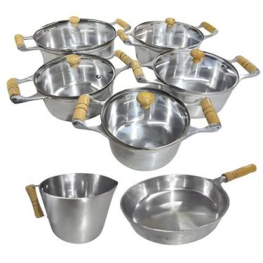 Imagem de Jogo De 5 Panelas Alumínio Fundido Batido Craquelado Com Tampa De Vidr