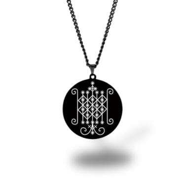 Imagem de Colar Vevê Vodu – Pingente com Símbolos dos Lwas em Aço Inoxidável (Prata, Ouro ou Preto) • Amuleto Espiritual Afro-Caribenho de Proteção, Magia e Fé (Ogoun Badagri, Preto)