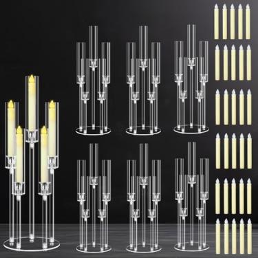 Imagem de Cheloment 6 conjuntos de peças centrais de candelabro acrílico de 5 braços para mesas, suporte de vela transparente de 68 cm para jantar de casamento e decoração de casa, castiçais com velas de LED