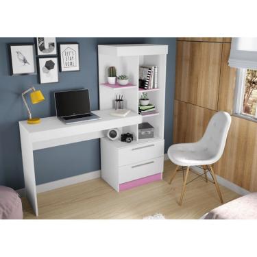 Imagem de Mesa Office Nt 2010 Com 2 Gavetas E 3 Prateleiras Notável Branco Com Rosa